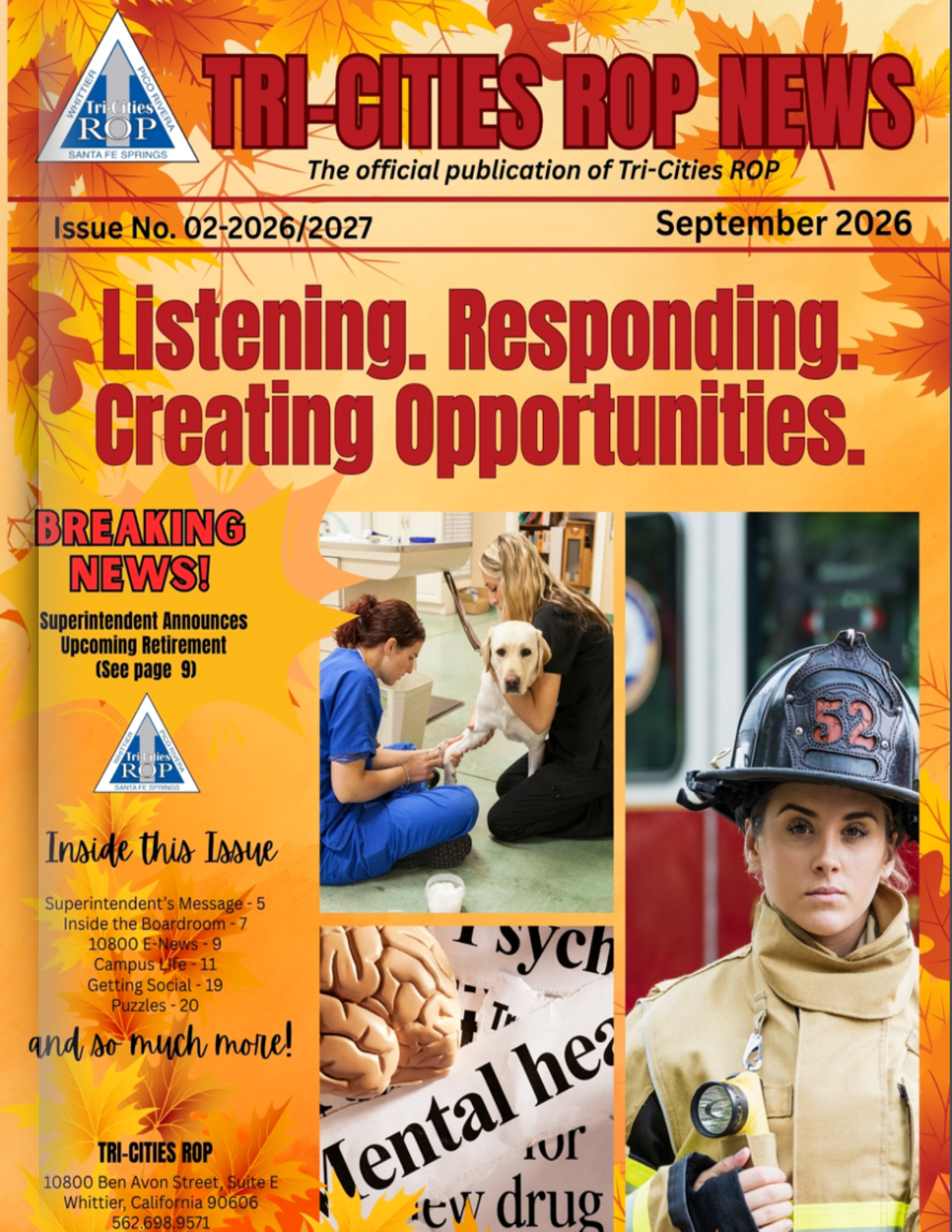 sept 2026 Cover image for the September magazine issue, featuring a female student with a dog and a female student in a firefighter uniform. Headline reads, "Listening, responding, creating opportunities"